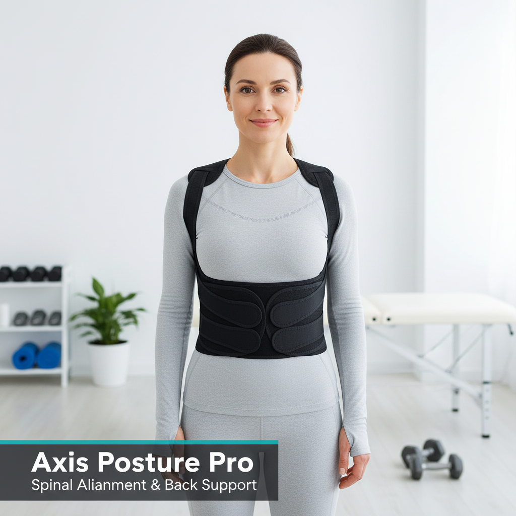 Female patient wearing Axis Posture Pro in physiotherapy clinic - Spinal Alignment & Back Support.