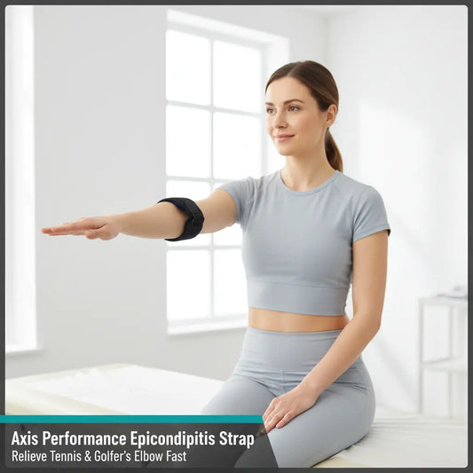 Female patient wearing Axis Performance Epicondylitis Strap on forearm in physiotherapy clinic - Relieve Tennis & Golfer's Elbow Fast