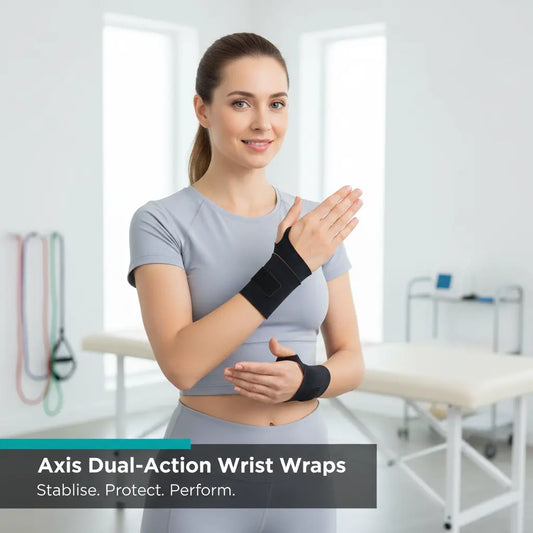Female patient wearing Axis Dual-Action Wrist Wraps in physiotherapy clinic - Stabilise. Protect. Perform.