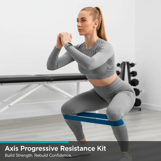 Female patient using Axis Progressive Resistance Kit in physiotherapy clinic - Build Strength. Rebuild Confidence.
