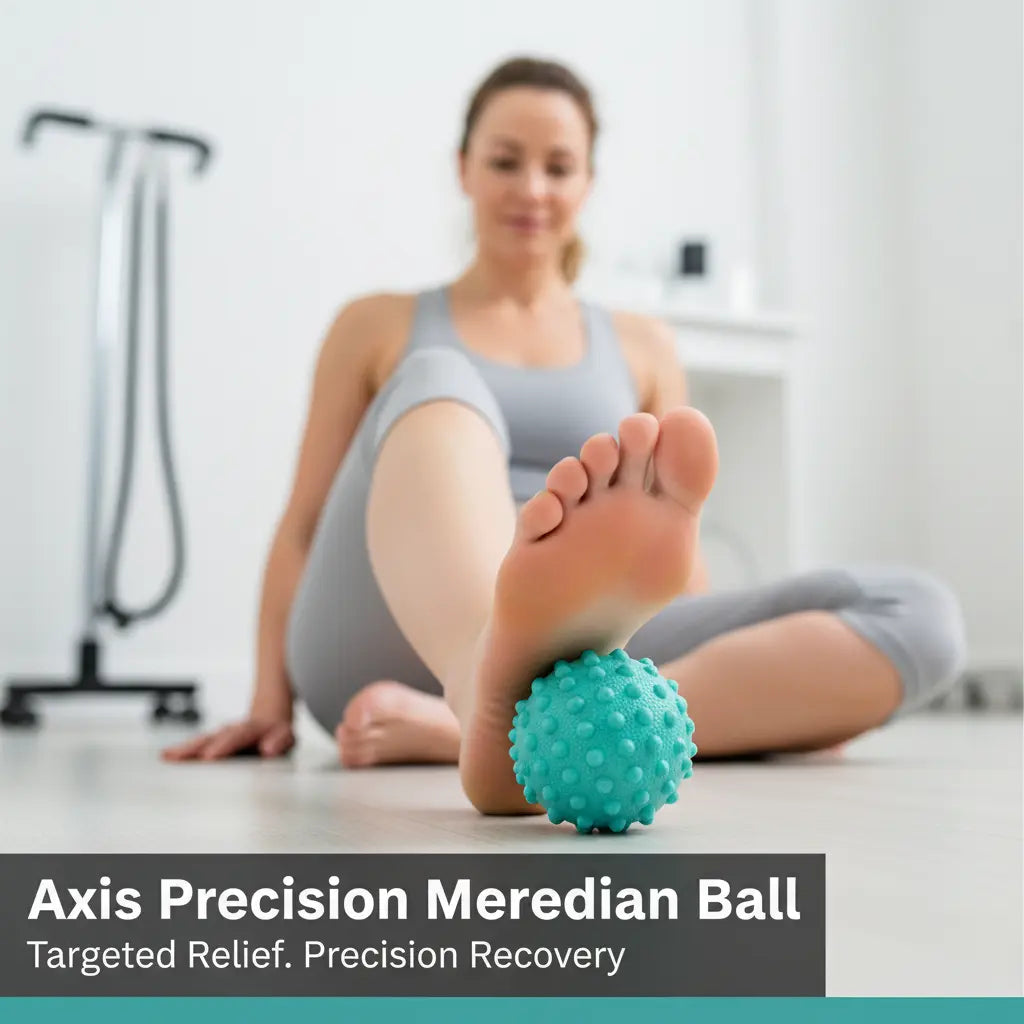 Female patient rolling foot on Axis Precision Meridian Ball in physiotherapy clinic - Targeted Relief. Precision Recovery.