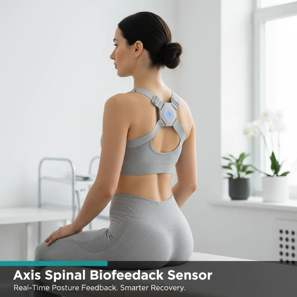 Female patient with Axis Spinal Biofeedback Sensor between shoulder blades in physiotherapy clinic - Real-Time Posture Feedback. Smarter Recovery.