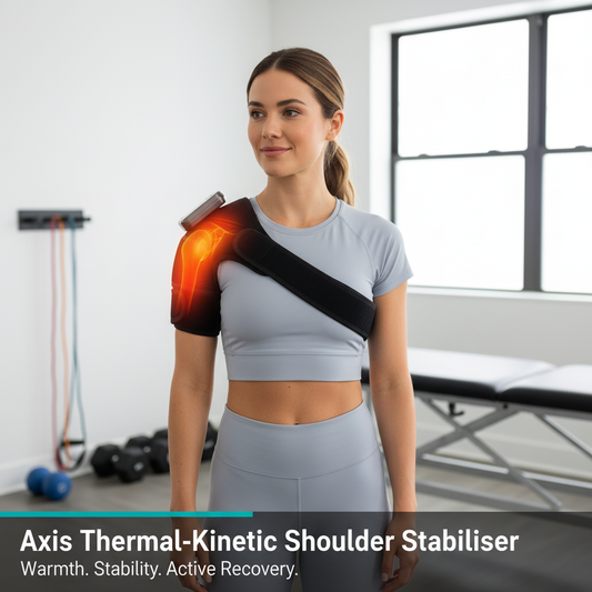 Female patient wearing Axis Thermal-Kinetic Shoulder Stabiliser in physiotherapy clinic - Warmth. Stability. Active Recovery.