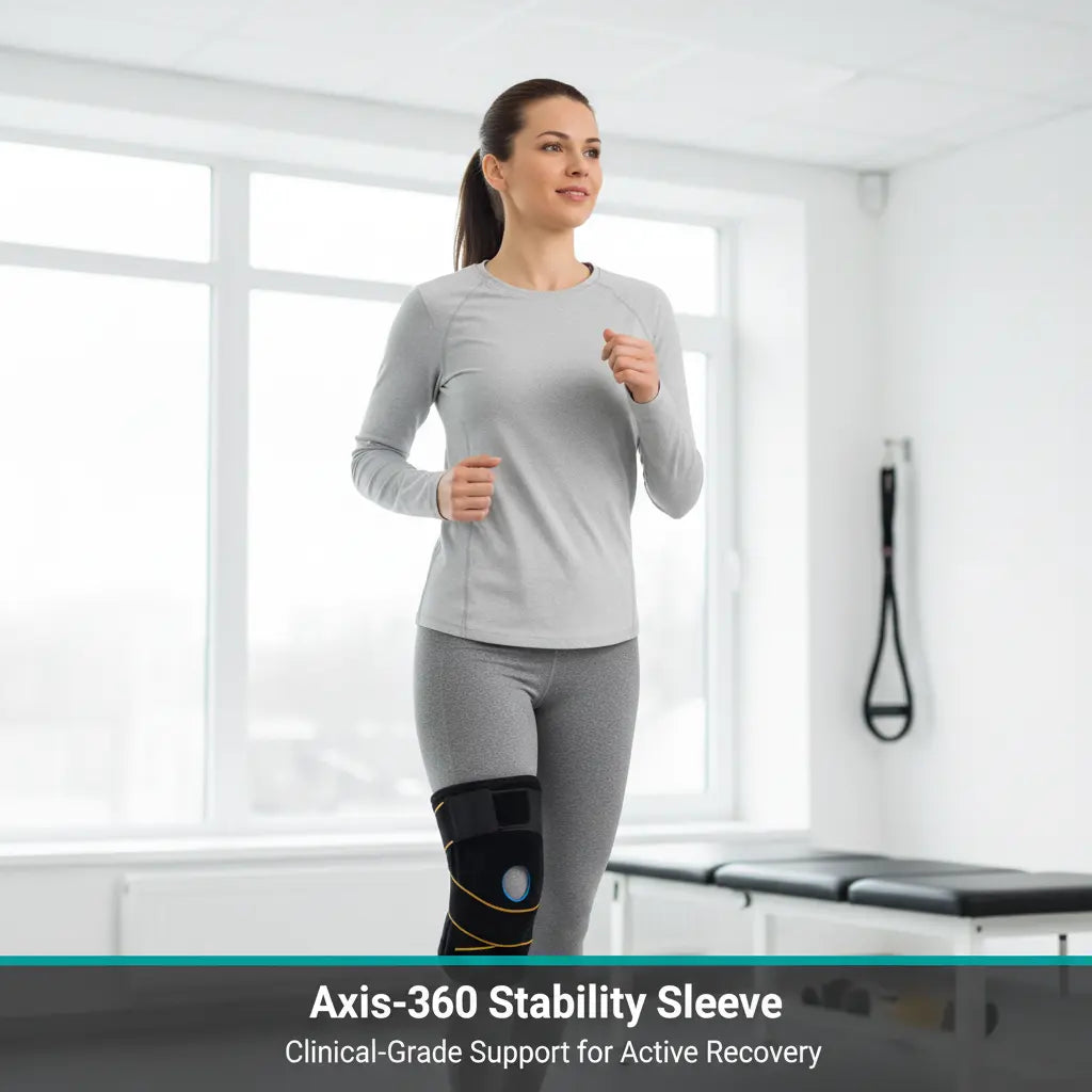 Female patient wearing Axis-360 Stability Sleeve in physiotherapy clinic - Clinical-Grade Support for Active Recovery.