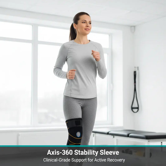 Female patient wearing Axis-360 Stability Sleeve in physiotherapy clinic - Clinical-Grade Support for Active Recovery.