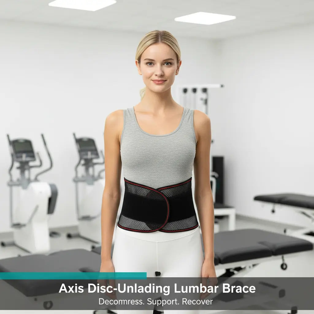 Female patient wearing Axis Disc-Unloading Lumbar Brace in physiotherapy clinic - Decompress. Support. Recover.