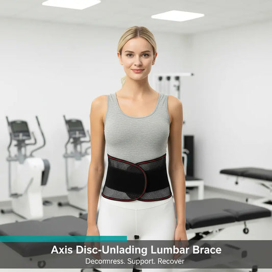 Female patient wearing Axis Disc-Unloading Lumbar Brace in physiotherapy clinic - Decompress. Support. Recover.