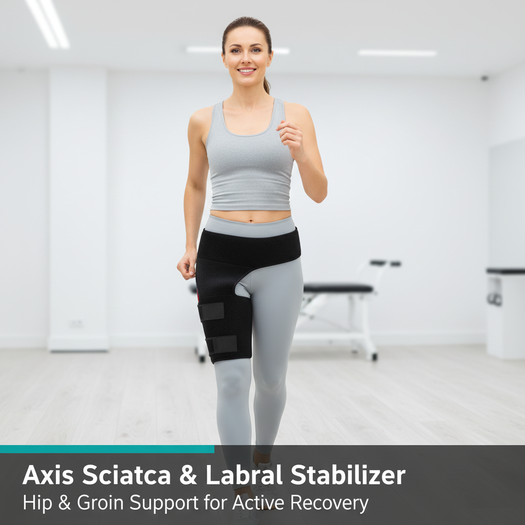 Female patient wearing Axis Sciatica & Labral Stabilizer in physiotherapy clinic - Hip & Groin Support for Active Recovery.