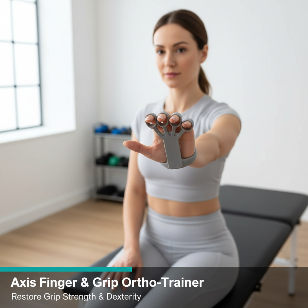 Female patient using Axis Finger & Grip Ortho-Trainer in physiotherapy clinic - Restore Grip Strength & Dexterity